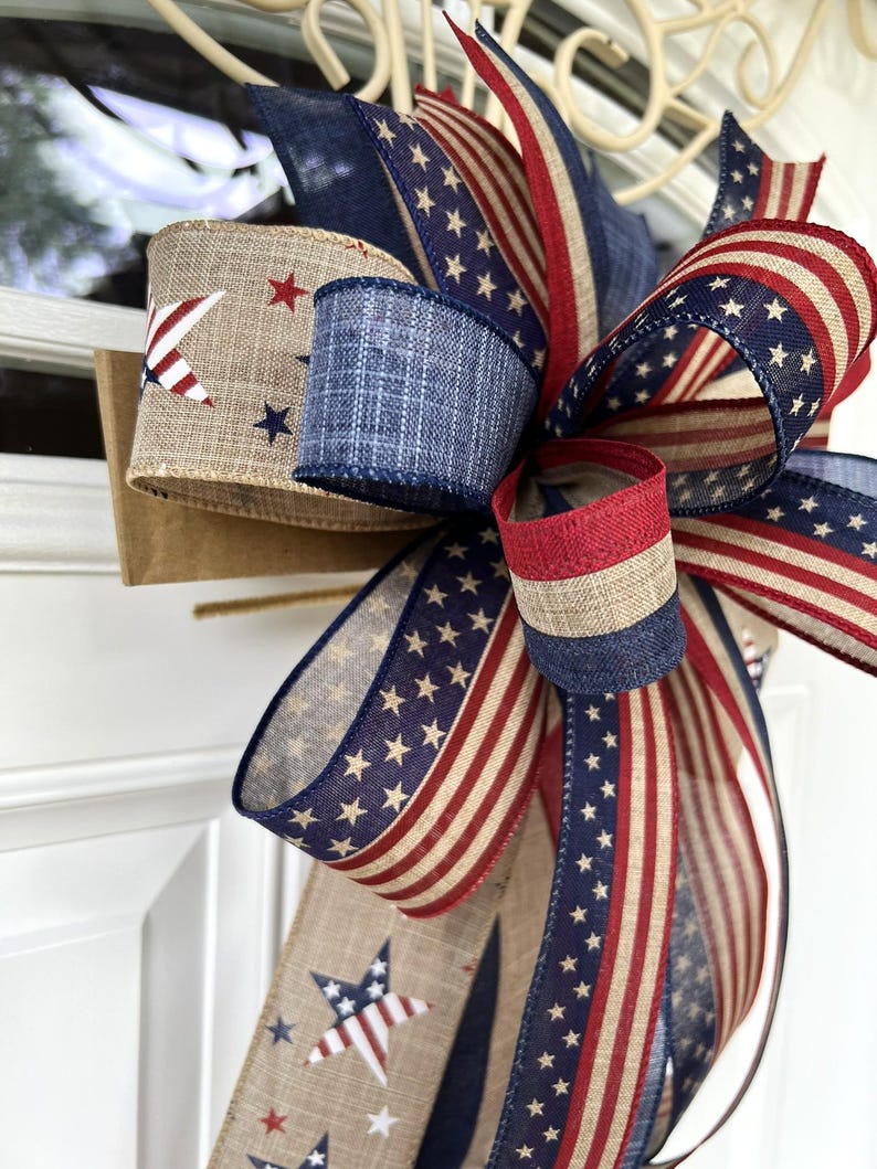 4th of July Bow, Memorial Day Patriotic Burlap Bow for Wreath, 4th of July Lantern Bow Decoration, Independence Day Bow image 11