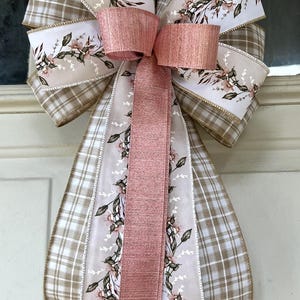 Spring Bow, Natural and Rose Pink Floral Bow, Farmhouse Wreath Bow ...