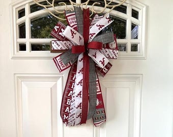 Red and White Football Door Hanger Bow, College Football Wreath Bow, Crimson and White Game Day Front Door Decor, Sports Fan Bow