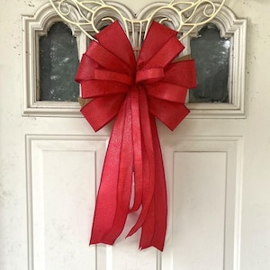 Valentine Wreath Bow, Red Embossed Flower Bow for Tree Topper, Christmas Day Lantern Bow Decoration, Patriotic Decorations