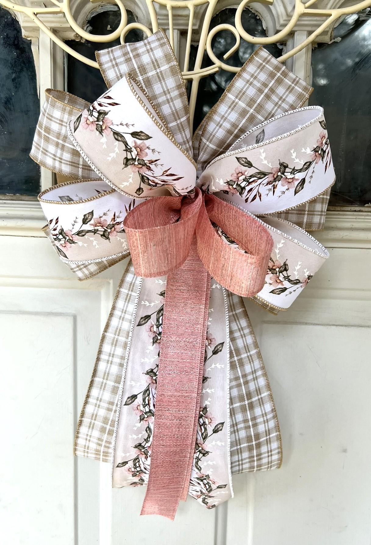 Spring Bow, Natural and Rose Pink Floral Bow, Farmhouse Wreath Bow ...