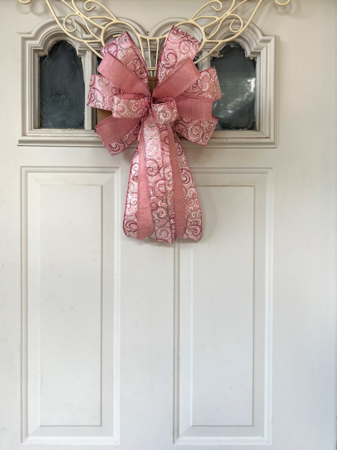 Rose Pink Christmas Tree Bow for Wreath, Lantern Bow Decoration, Rose