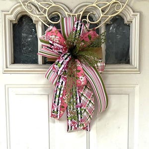 Spring Floral Bow, Pink and Green Ribbon Bow, Handmade Wreath Bow for Easter, Summer Door Decor, Butterfly Gift Bow, Farmhouse Lantern Bow