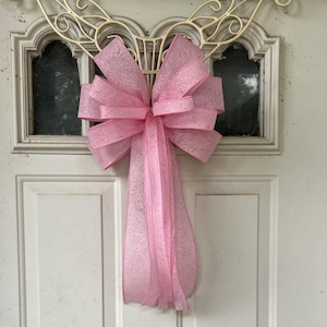 Valentine Wreath Bow, Pink Embossed Flower Bow for Tree Topper, Valentine Day Lantern Bow Decoration