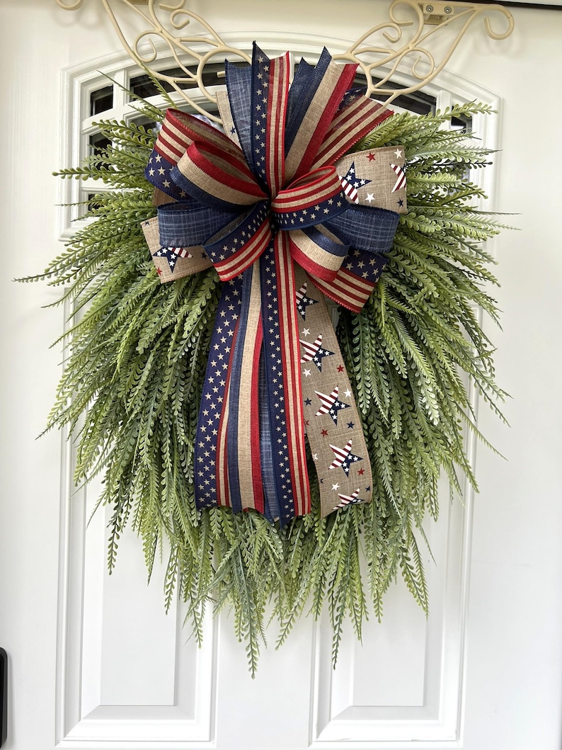 4th of July Bow, Memorial Day Patriotic Burlap Bow for Wreath, 4th of July Lantern Bow Decoration, Independence Day Bow image 12