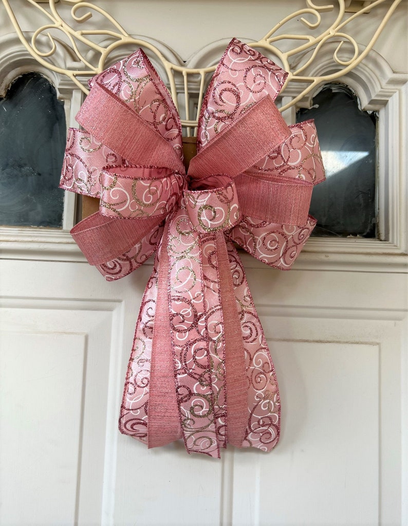 Rose Pink Christmas Tree Bow for Wreath, Lantern Bow Decoration, Rose Gold Bow with Christmas Tree, Valentine Bow Bow with Tails