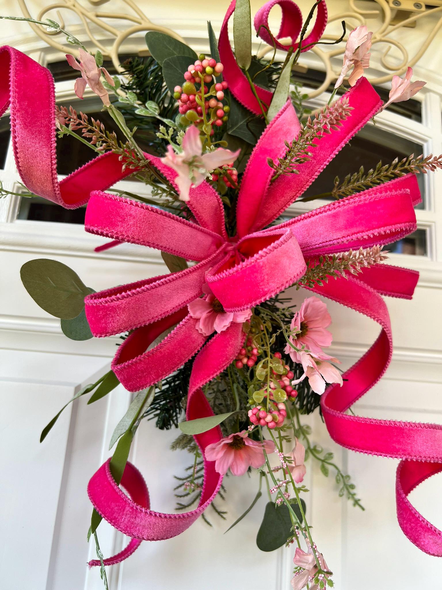 Spring Door Swag With Pink Velvet Bow | Floral Door Swag | Front Door ...