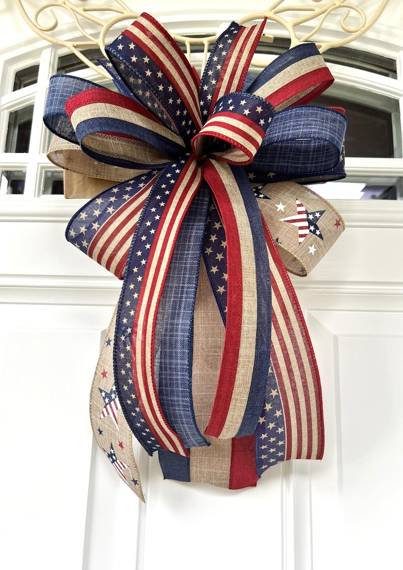 4th of July Bow, Memorial Day Patriotic Burlap Bow for Wreath, 4th of July Lantern Bow Decoration, Independence Day Bow image 10