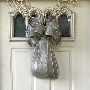 Silver Velvet Bow for Wreath, Christmas Lantern Bow Decoration, Silver Tree Topper