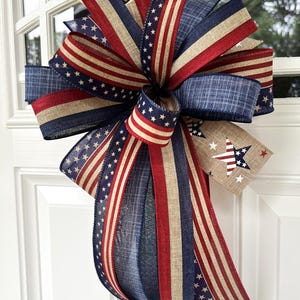 4th of July Bow, Memorial Day Patriotic Burlap Bow for Wreath, 4th of July Lantern Bow Decoration, Independence Day Bow image 8