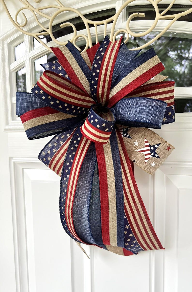 4th of July Bow, Memorial Day Patriotic Burlap Bow for Wreath, 4th of July Lantern Bow Decoration, Independence Day Bow image 8