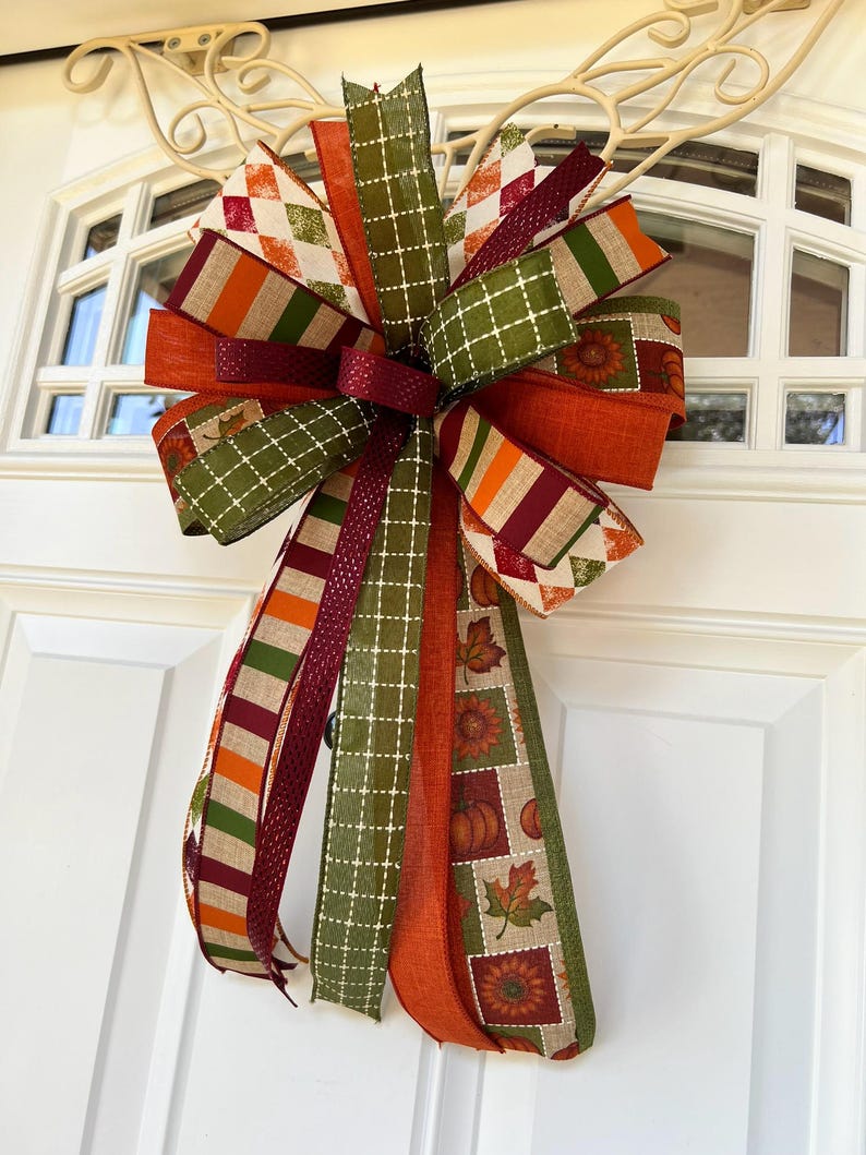Rustic Fall Bow Fall Harvest Bow, Rustic Fall Door Bow, Harvest Colors Wreath Bow for ...