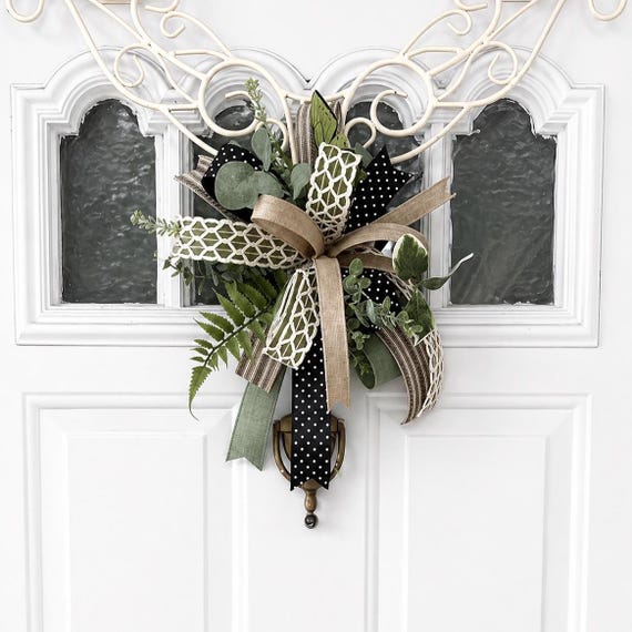 Natural Burlap and Sage Bow, Rustic Door Bow, Polka Dot Ribbon Wreath Bow, Farmhouse Style Bow for Mailbox, Bohemian Decor