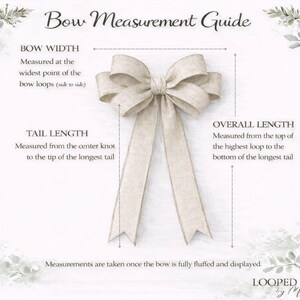 Op de afbeelding: Een beige stoffen strik met twee lussen en twee lange linten, gepresenteerd in een strik-meetgids. De labels Bow Width, Tail Length en Overall Length geven aan hoe de strik gemeten moet worden. De tekst vermeldt dat de afmetingen worden genomen zodra de strik volledig is opgeklopt en uitgestald, met de merknaam Looped Up by Michele onderaan.