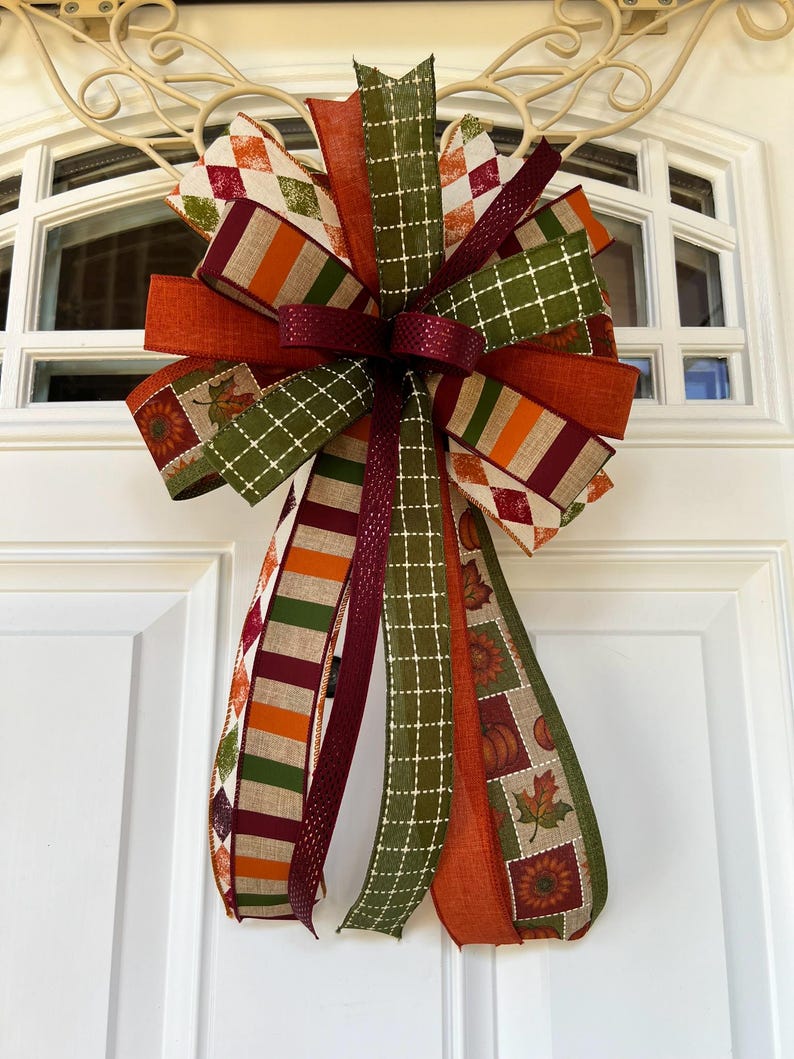 Rustic Fall Bow Fall Harvest Bow, Rustic Fall Door Bow, Harvest Colors Wreath Bow for ...