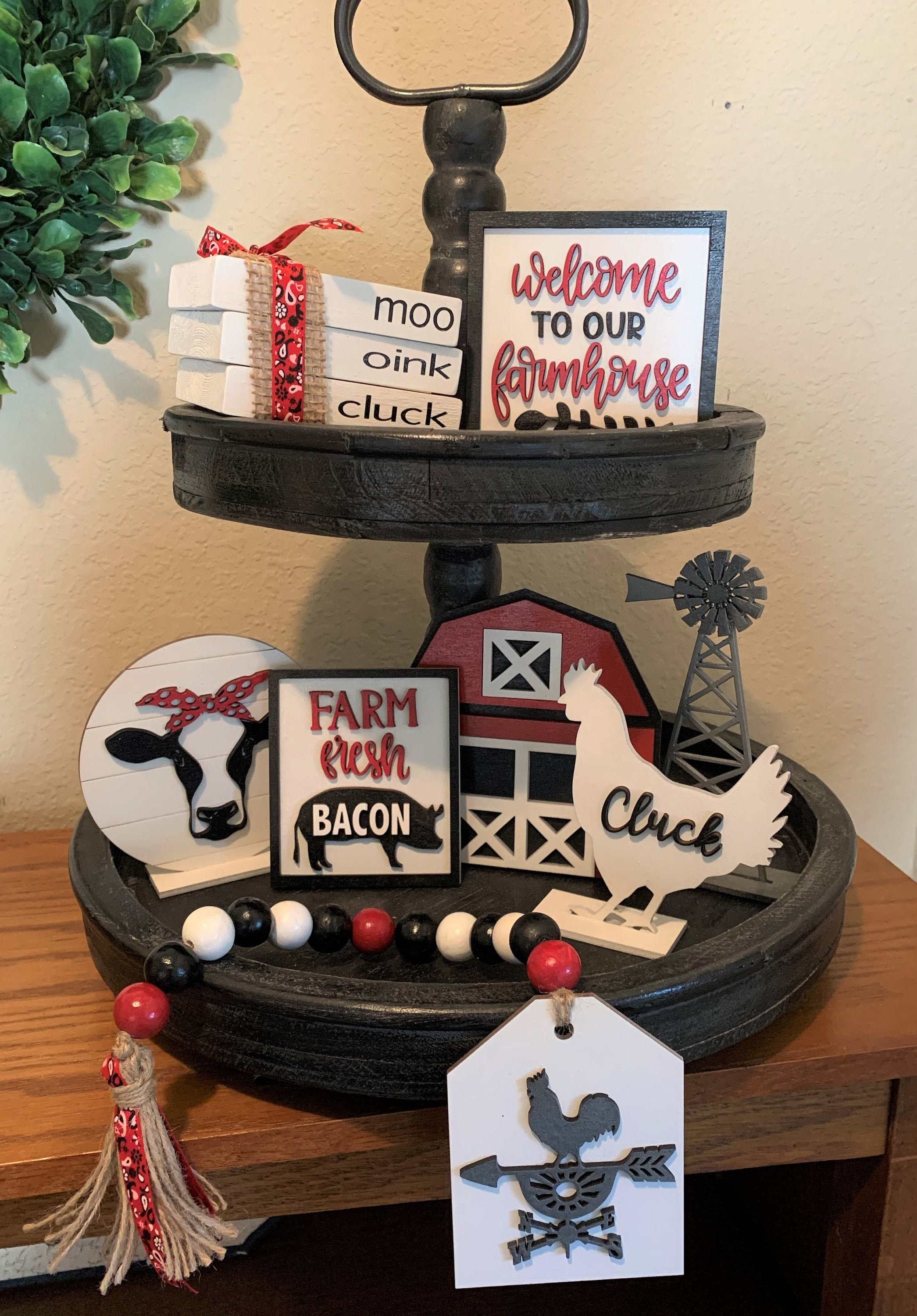 Farmhouse Tiered Tray Decor, Farmhouse Shelf Sitters, 3D Farmhouse Decorations, Red Barn, Cow Pig Chicken Decor