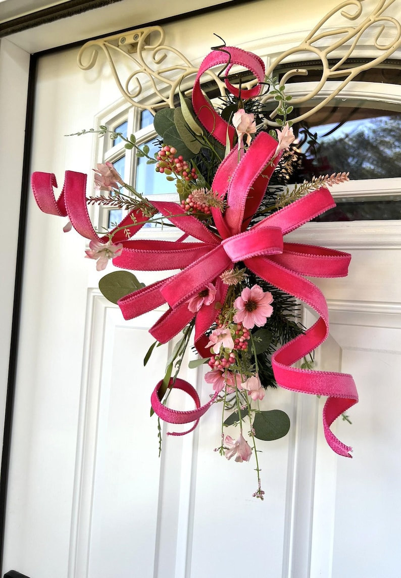 Spring Door Swag With Pink Velvet Bow | Floral Door Swag | Front Door ...