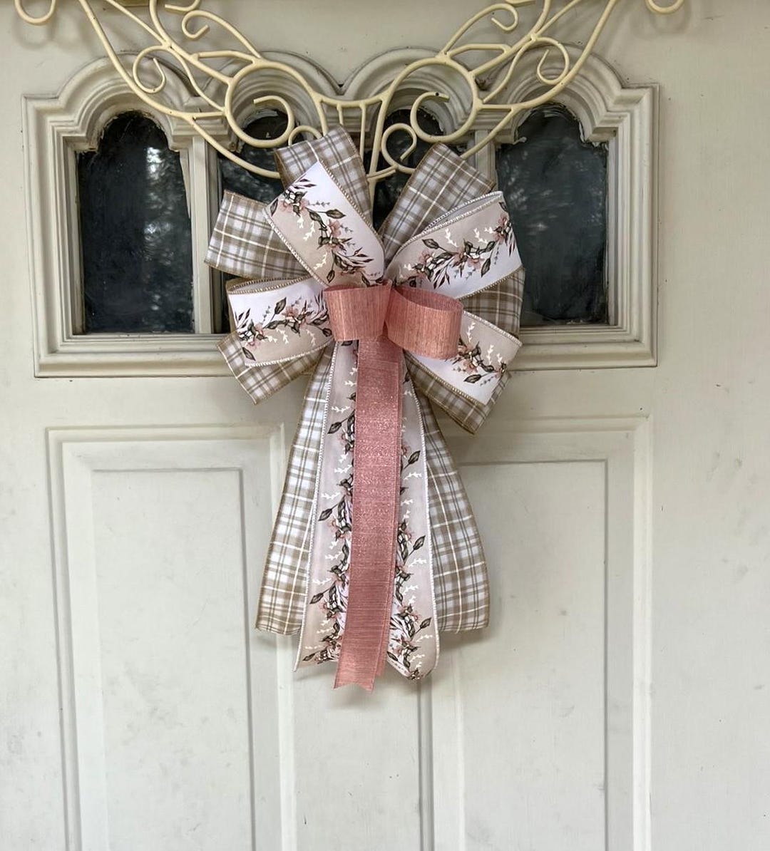 Spring Bow, Natural and Rose Pink Floral Bow, Farmhouse Wreath Bow ...