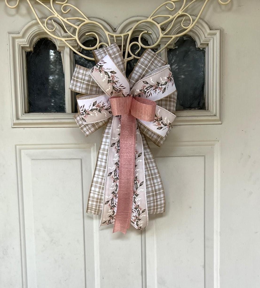 Spring Bow, Natural and Rose Pink Floral Bow, Farmhouse Wreath Bow ...