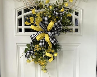 Yellow Floral Door Swag with Black and White Buffalo Plaid Bow, Spring Summer Front Door Decor, Farmhouse Swag