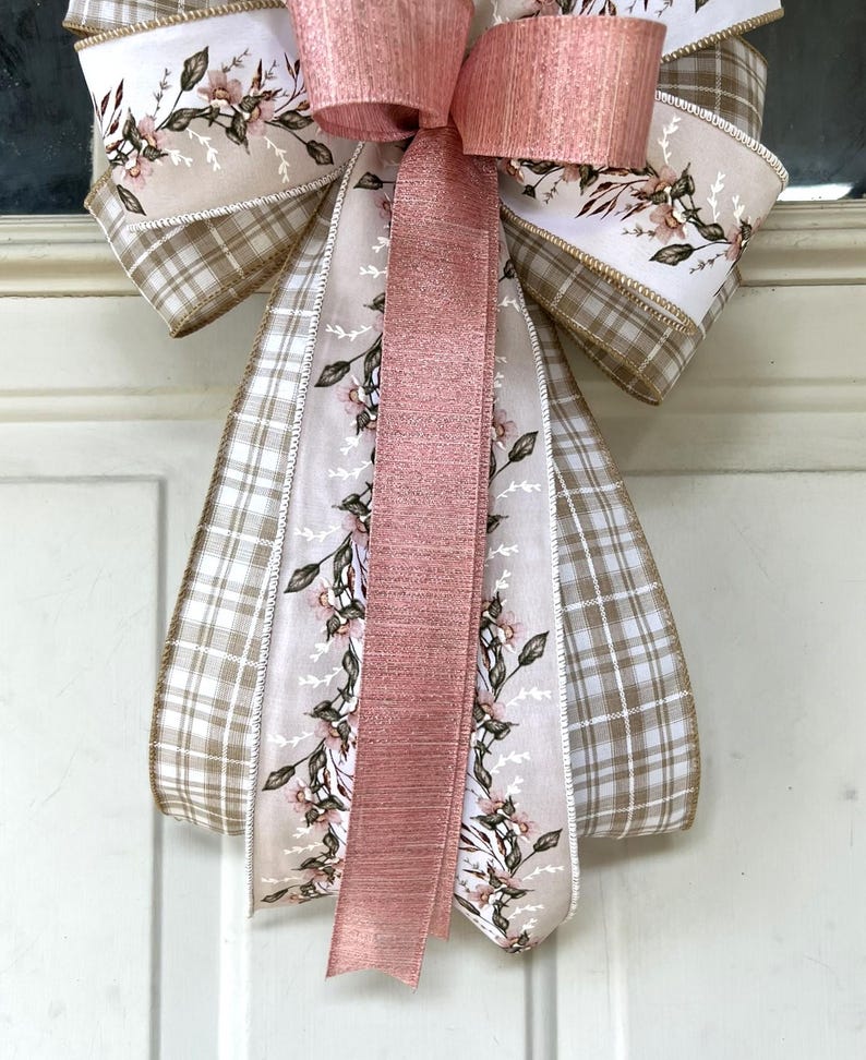 Spring Bow, Natural and Rose Pink Floral Bow, Farmhouse Wreath Bow ...