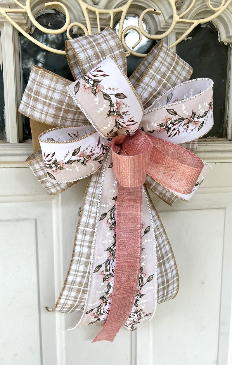 Spring Bow, Natural and Rose Pink Floral Bow, Farmhouse Wreath Bow ...