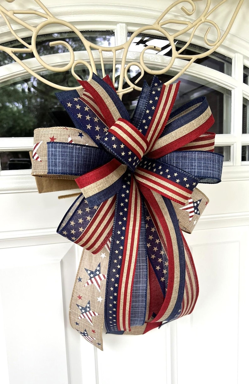 4th of July Bow, Memorial Day Patriotic Burlap Bow for Wreath, 4th of July Lantern Bow Decoration, Independence Day Bow image 6