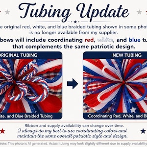 Op de afbeelding: Een informatieve afbeelding getiteld Tubing Update die de originele rood, wit en blauwe gevlochten buisjes vergelijkt met nieuwe bijpassende rood, wit en blauwe buisjes op decoratieve strikken. De tekst legt wijzigingen in de voorraad uit.