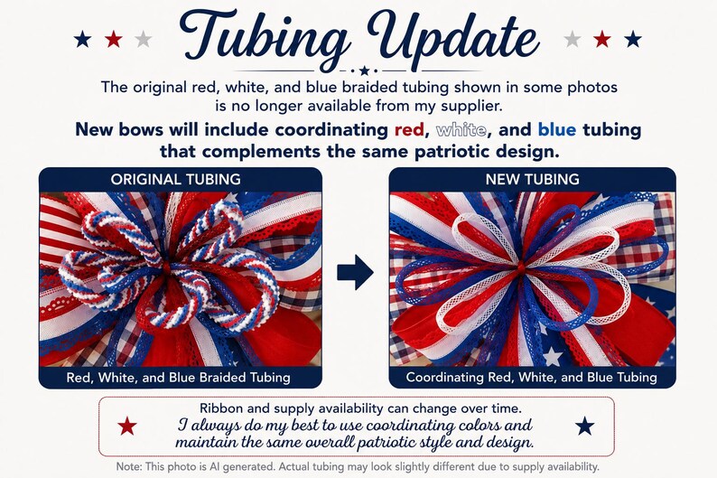 Op de afbeelding: Een informatieve afbeelding getiteld Tubing Update die de originele rood, wit en blauwe gevlochten buisjes vergelijkt met nieuwe bijpassende rood, wit en blauwe buisjes op decoratieve strikken. De tekst legt wijzigingen in de voorraad uit.