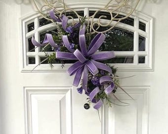 Lavender Swag with Velvet Bow, Purple Floral Door Swag, Spring Summer Door Decor, Everyday Door Accent, Wreath Alternative, Front Door Swag