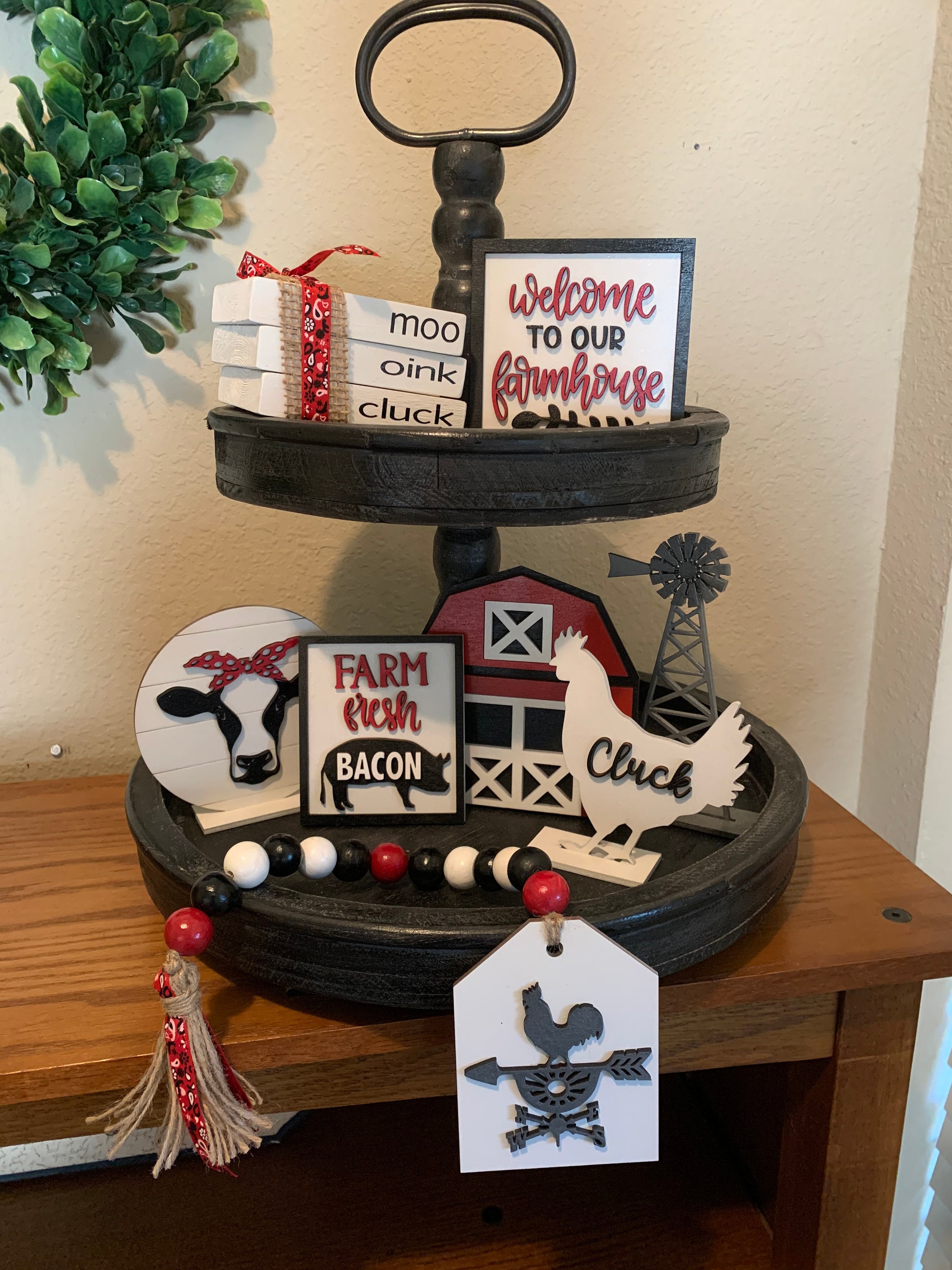 Farmhouse Tiered Tray Decor, Farmhouse Shelf Sitters, 3D Farmhouse Decorations, Red Barn, Cow Pig Chicken Decor