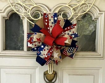 4th of July Bow, Memorial Day Patriotic Bow for Wreath, Primitive Lantern Bow Decoration, Independence Day Bow
