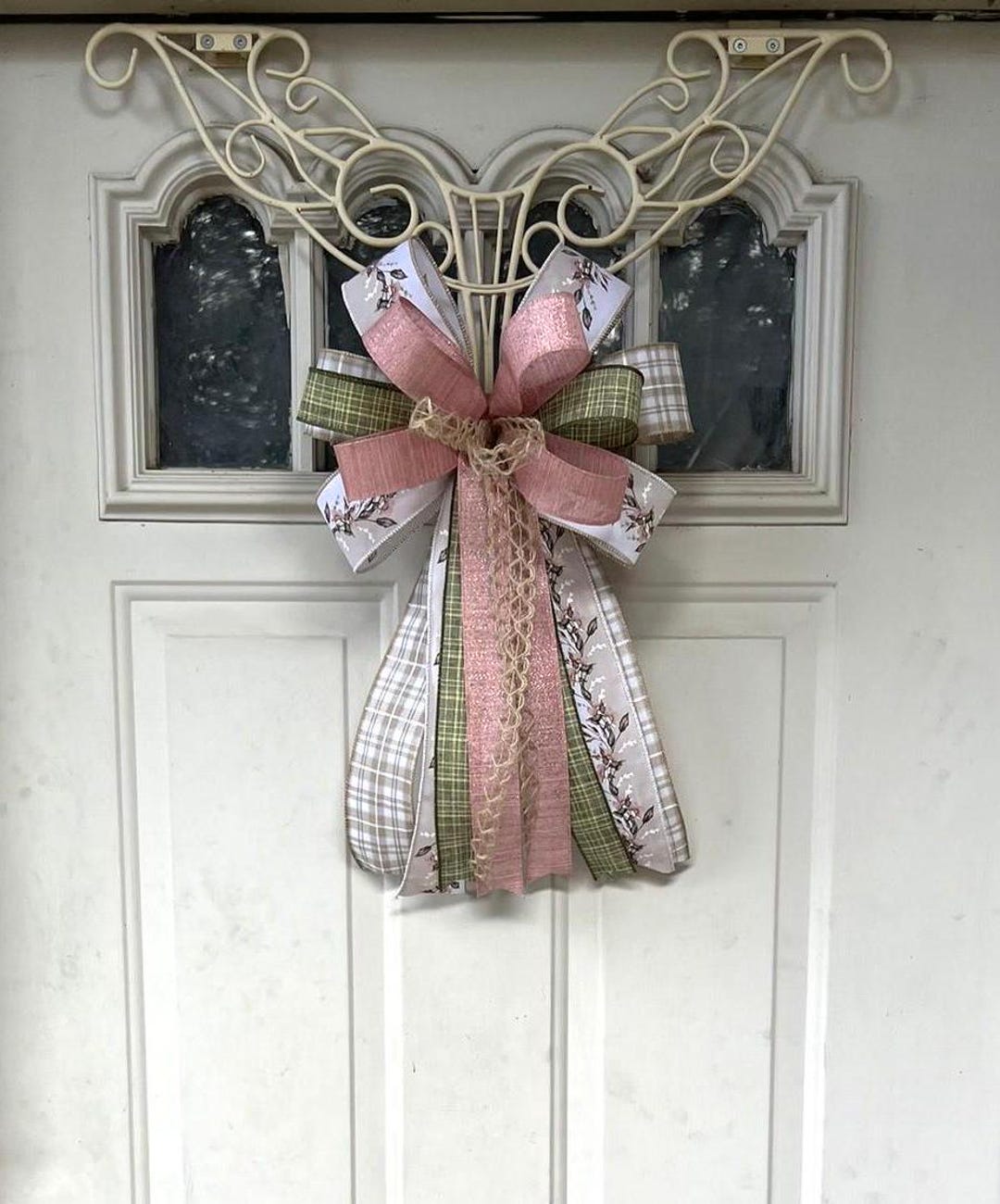 Spring Bow, Natural and Rose Pink Floral Bow, Farmhouse Wreath Bow ...