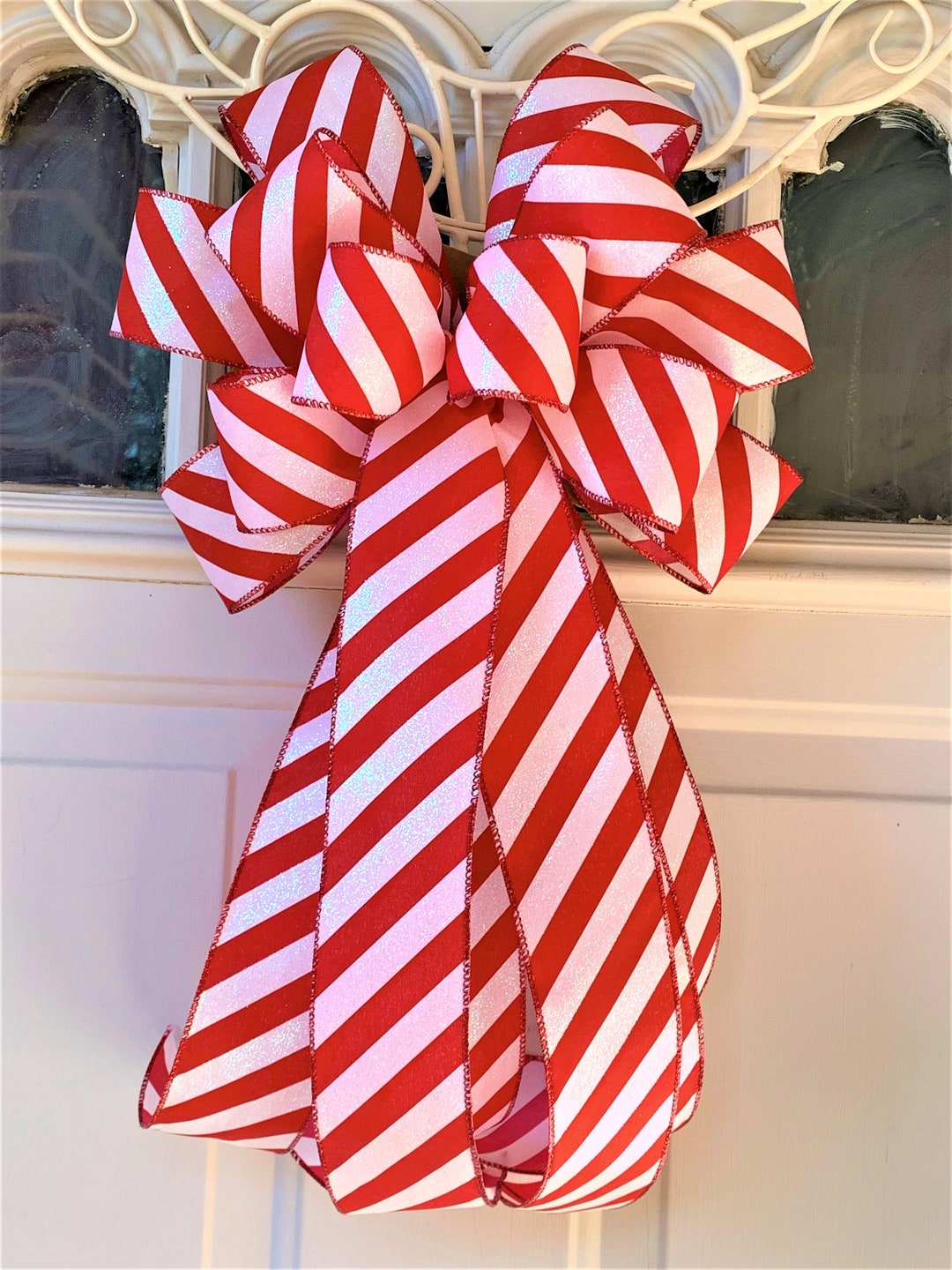Candy Cane Bow, Red and White Striped Christmas Tree Bow for Wreath ...