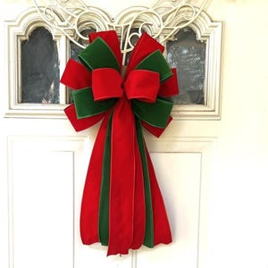 Red and Green Velvet Christmas Tree Bow for Wreath, Lantern Bow Decoration, Red Velvet Ribbon, Red and Green Tree Topper