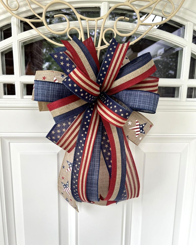 4th of July Bow, Memorial Day Patriotic Burlap Bow for Wreath, 4th of July Lantern Bow Decoration, Independence Day Bow image 7