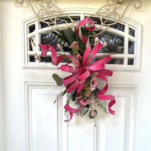 Spring Door Swag with Pink Velvet Bow | Floral Door Swag | Front Door Decor | Lantern Swag | Farmhouse Floral Decor