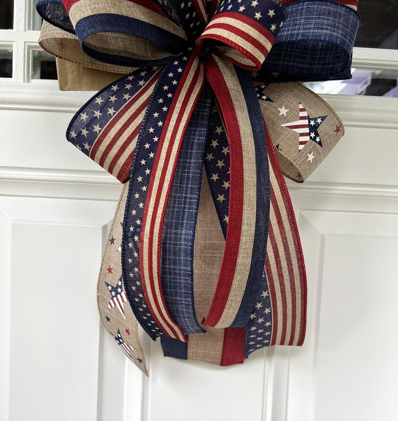 4th of July Bow, Memorial Day Patriotic Burlap Bow for Wreath, 4th of July Lantern Bow Decoration, Independence Day Bow image 4
