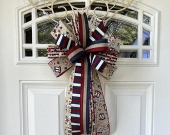 4th of July Bow, Memorial Day Patriotic Burlap Bow for Wreath, Rustic 4th of July Lantern Bow Decoration, Independence Day Bow