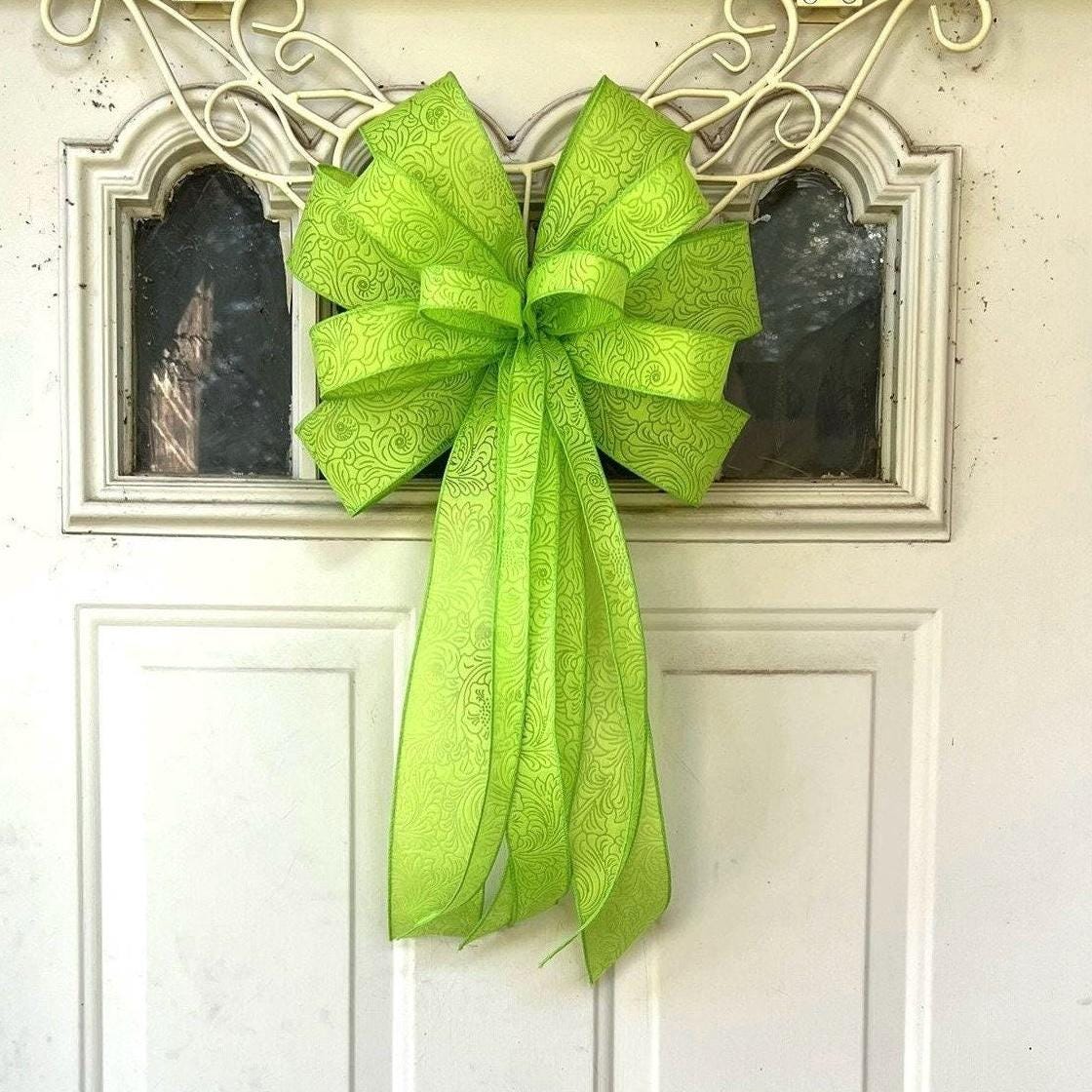 Green Wreath Bow, Embossed Wreath Bow, Lime Green Flower Bow for Tree Topper, St Patricks Day Lantern Bow Decoration, Embossed Flower Ribbon