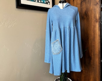 Upcycled Sweatshirt Dress, Terry Cloth, Blue, Women's Upcycled Clothing, Small, Medium, Empire Waist, Sustainable Living, BlueStarUpcycle