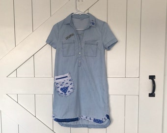 Women's XS Upcyled Dress, Light weight Denim Dress, Spring Denim Dress, XS Shirt Dress, Denim Shirt Dress,