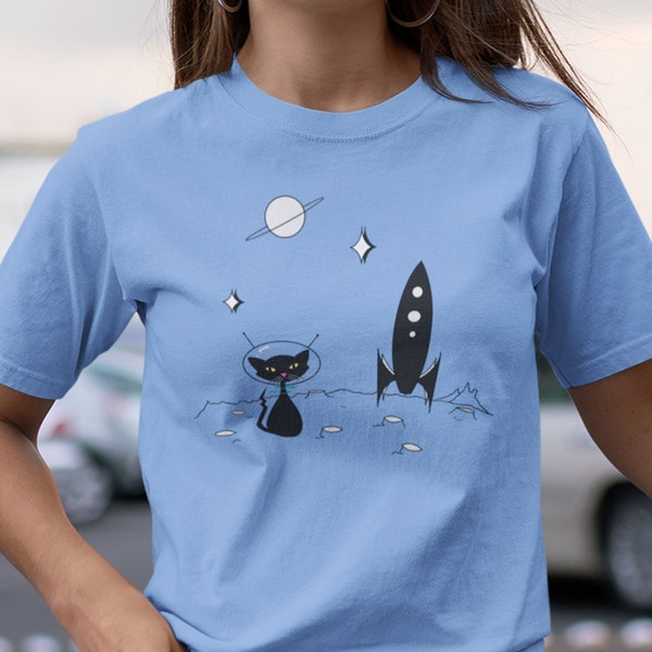 Mid Century Modern Cat Astronaut and Rocket In Space Short Sleeve Shirt, Men's, Women's Atomic Age Retro Design Gift