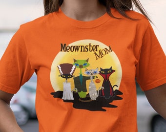 Meownster chat maman ou papa avec quatre chats dans des costumes de monstre d'Halloween chemise à manches courtes unisexe classique cadeau d'amant de chat d'Halloween