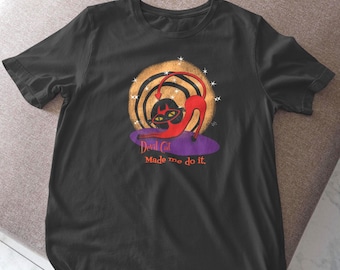 T-shirt Devil Cat Made Me Do it, T-shirt chat noir rétro Mid-Century