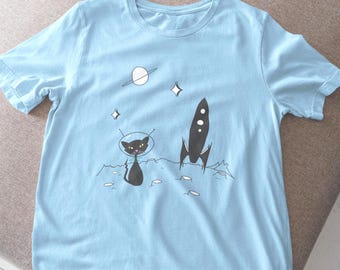 T-shirt chat astronaute, t-shirt fusée chat spatial rétro Mid-Century