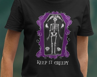 Keep It Creepy Unisex Short Sleeve Shirt Gothic Horror Skeleton Coffin With Skulls and Bats Original Hand Drawn Art Autumn, Halloween Gift