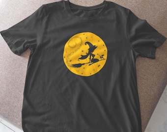 T-shirt sorcière du milieu du siècle avec chat | Chemise mod rétro à silhouette de sorcière et de chat