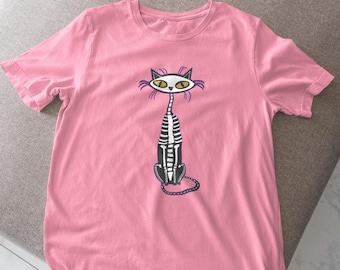 T-shirt chat squelette moderne Mid-Century, t-shirt rétro art effrayant
