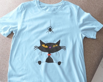 T-shirt ludique noir Mid-Century observant des chats araignées